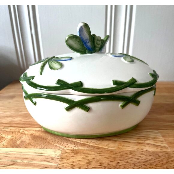 Ceramic Dragonfly-Themed Trinket Box With Lid Mariposa Hand Painted Italy - Picture 4 of 9